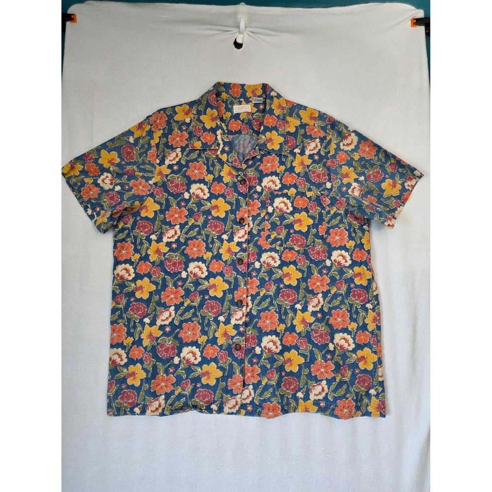 Elisabeth Liz Claiborne Floral Button Up Shirt 18 Blue Cotton Vintage 90s Camp
